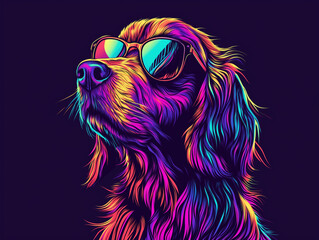 Naklejka premium Colorful Synthwave style cute dog with sunglasses, dark black background, Portrait, digital illustration ai art style. synthwave dog. Illustrations 