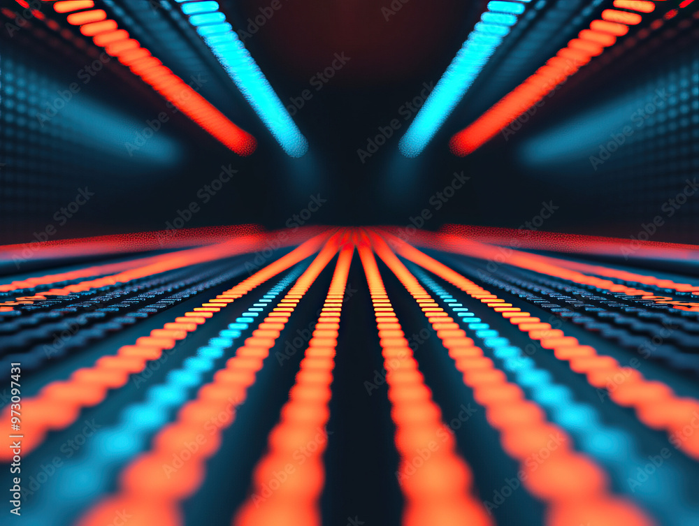 Poster abstract composition featuring vibrant lines of blue and orange light, creating a dynamic and futuri