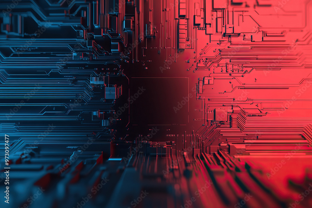 Poster abstract digital illustration featuring circuit patterns in red and blue colors, highlighting techno
