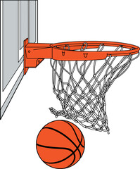 BASKETBALL SWISH Score, Orange Ball through a net, hoop rim, single line drawing, illustration, basket logo, Perfect for logos, cutting, printing, embroidery, EPS vector file © Asta