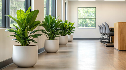 Bright and airy office interior featuring lush green plants in stylish pots, enhancing the modern workspace ambiance.