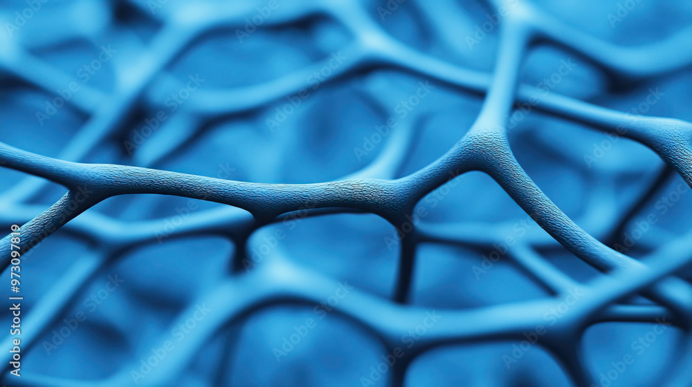 Poster close-up of a blue cellular structure showcasing network patterns and textures, ideal for science an