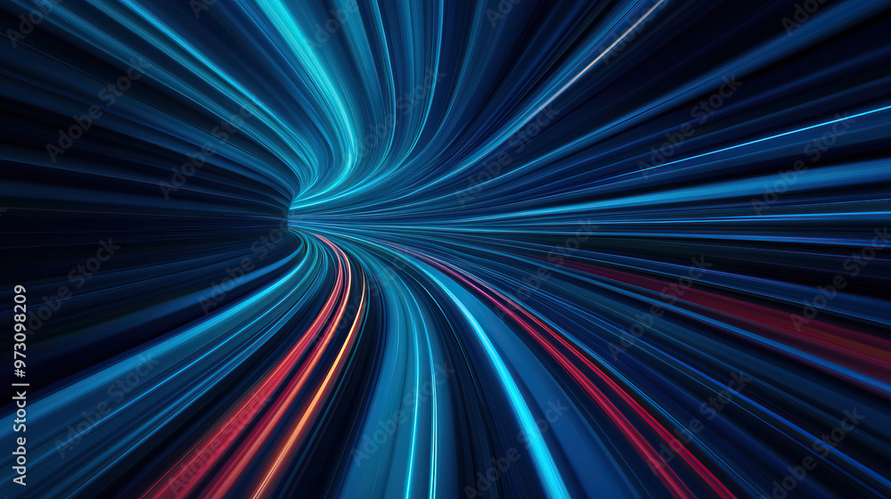 Poster dynamic abstract background featuring vibrant blue and red light trails swirling in a mesmerizing tu