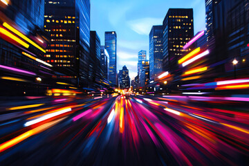 Fototapeta premium Dynamic cityscape at twilight showcasing vibrant light trails and towering skyscrapers representing urban energy and movement.