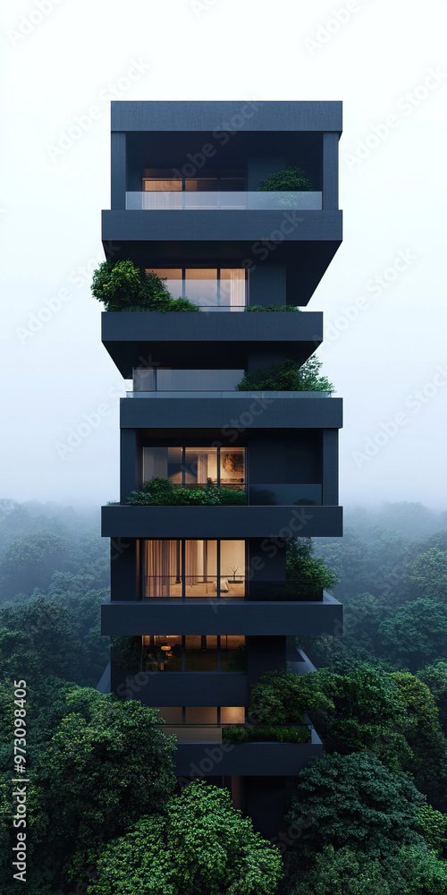 Aufkleber modern architectural building design surrounded by lush greenery, featuring stacked levels with larg