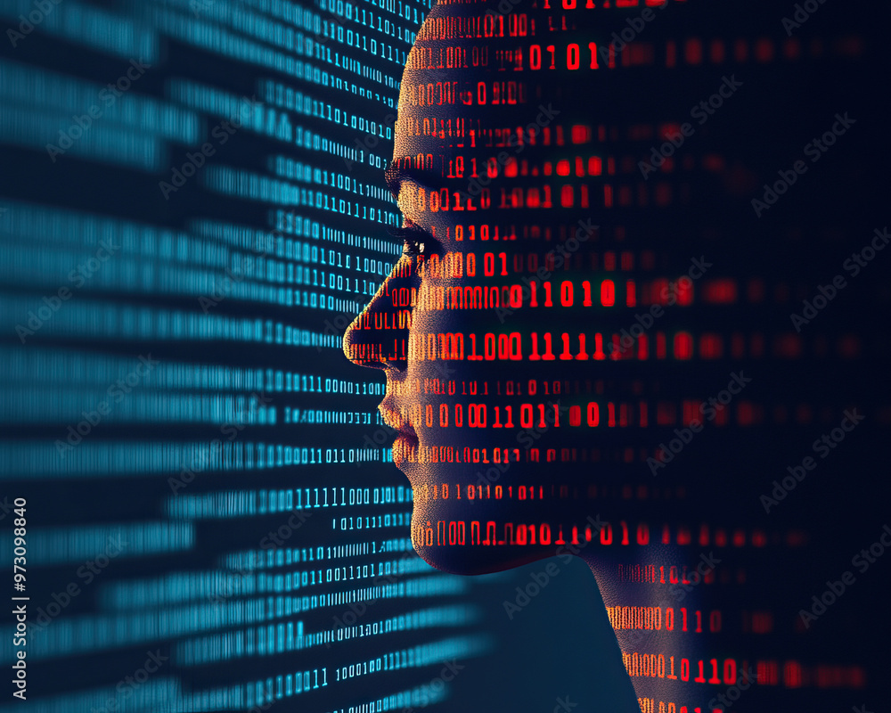 Aufkleber profile of a person illuminated by binary code, symbolizing the fusion of technology and human intel