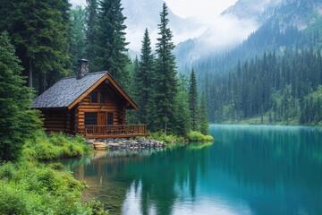 Fototapeta premium Scenic view of a log cabin by a tranquil lake surrounded by lush evergreen trees and misty mountains in the background.