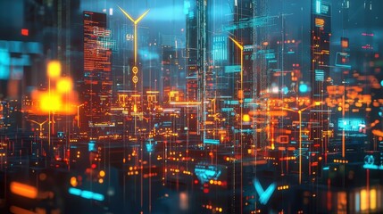 Fototapeta premium Vibrant city skyline in neon hues, showcasing futuristic architecture and illuminated digital elements, ideal for technology themes.