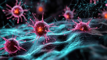 Vibrant depiction of virus cells in a microscopic view, showcasing intricate details and dynamic colors on a textured surface.