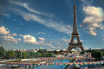 Eiffel Tower at Champ de Mars - Palais de Chaillot in the background. Beautiful simple AI generated image