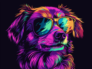 Colorful Synthwave style cute dog with sunglasses, dark black background, Portrait, digital illustration ai art style. synthwave dog. Illustrations
