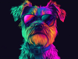 Naklejka premium Colorful Synthwave style cute dog with sunglasses, dark black background, Portrait, digital illustration ai art style. synthwave dog. Illustrations 