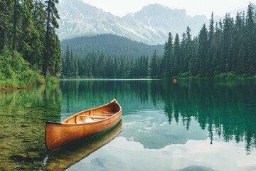 Fototapeta premium A crystal-clear lake reflecting the surrounding pine trees and mountains, with a single canoe floating quietly on the water