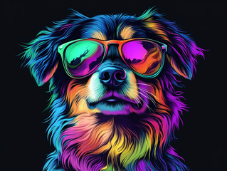 Colorful Synthwave style cute dog with sunglasses, dark black background, Portrait, digital illustration ai art style. synthwave dog. Illustrations
