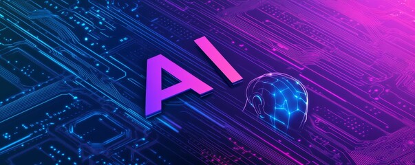 Futuristic digital AI concept with glowing human-like robot head and AI text