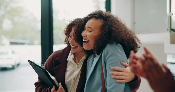 Business, people and hug with applause in office for onboarding success, partnership and celebrate promotion. Smile, woman and staff clapping for hiring welcome, negotiation deal and b2b agreement
