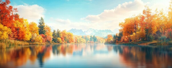 A picturesque Thanksgiving landscape featuring a quiet lake surrounded by tall