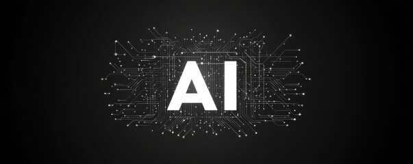 Futuristic AI logo with circuit board elements on a black background