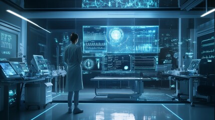 Imagine a futuristic AI health diagnostics lab where intelligent systems analyze patient data, predict health trends,
