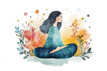 Watercolor illustration of a woman meditating in a serene environment with plants and sun