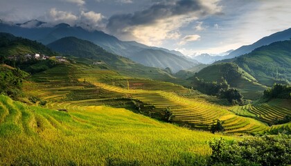 Fototapeta premium Idyllic Rice Paddies and Mountain Scenery in Sapa, Vietnam