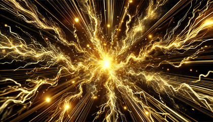 中央から放射する黄金の稲妻. Golden Lightning Radiating from the Center. AI generated.