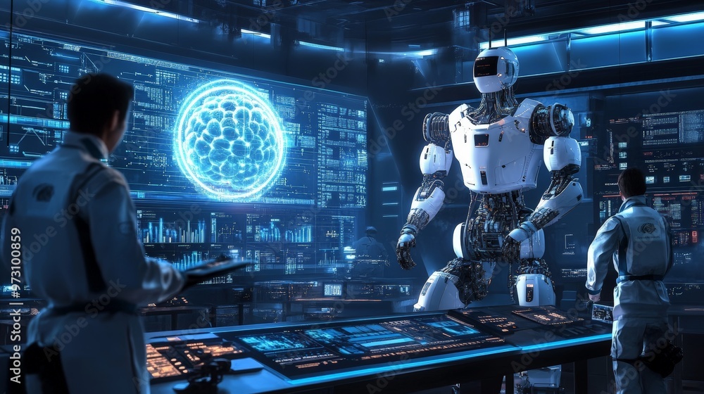 Poster high-tech ai research facility with scientists and engineers working on cutting-edge artificial inte