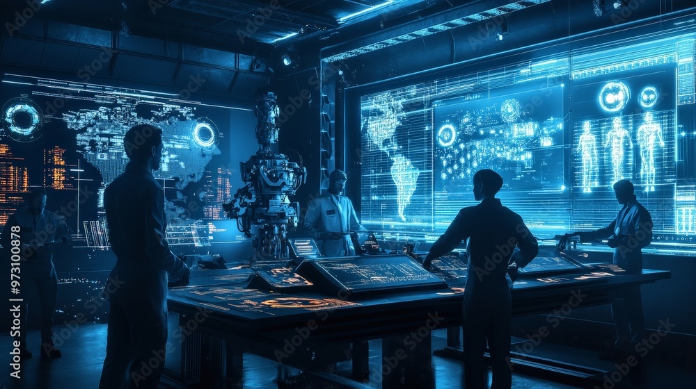 Poster high-tech ai research facility with scientists and engineers working on cutting-edge artificial inte
