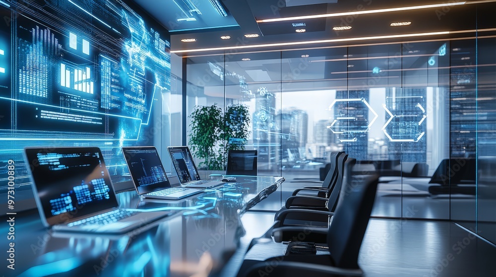 Aufkleber high-tech workspace filled with cutting-edge digital devices, from sleek laptops and interactive scr