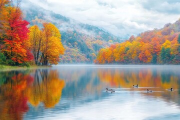 Fototapeta premium A Thanksgiving nature photo of colorful autumn trees reflected in a still lake, with a family of ducks swimming across the water, creating a serene and calming holiday scene