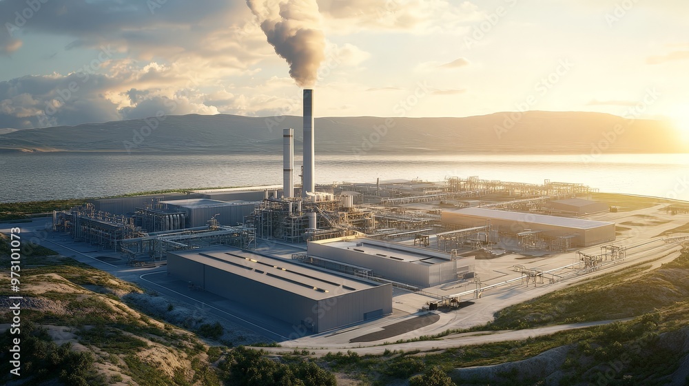 Poster energy production site integrating carbon capture technology, with facilities capturing and storing 