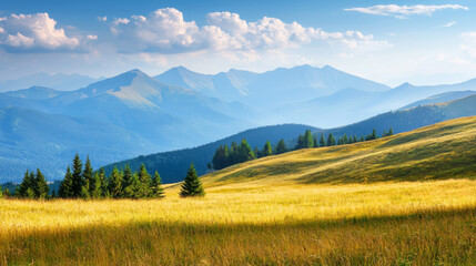 Obraz premium A beautiful mountain landscape with a large field of grass and trees