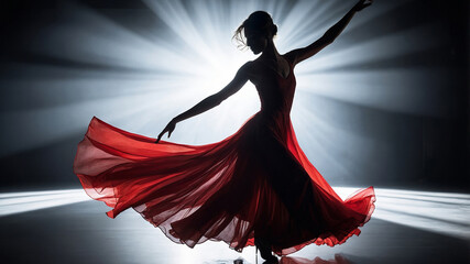 Silhouette of a dancer in a flowing red dress under dramatic stage lighting, spinning gracefully.