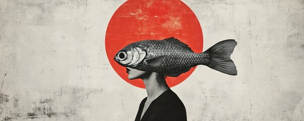 Surreal portrait of a person with fish head and red circle background, minimalistic collage art