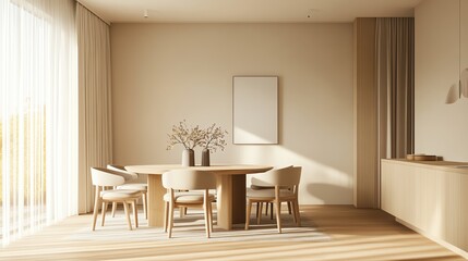 Fototapeta premium A serene dining room featuring a wooden table, modern chairs, and natural light, creating a warm and inviting atmosphere.