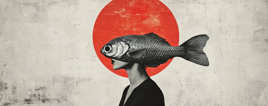 Surreal portrait of a person with fish head and red circle background, minimalistic collage art