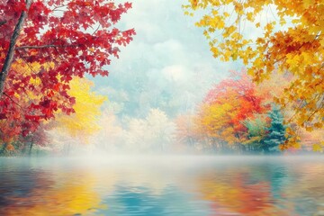 A tranquil nature photograph of a foggy autumn morning in the woods, with trees displaying vibrant fall colors, creating a serene and reflective Thanksgiving scene