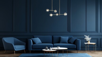 Elegant living room featuring a blue sofa, stylish decor, and modern lighting, perfect for contemporary interior design inspiration.