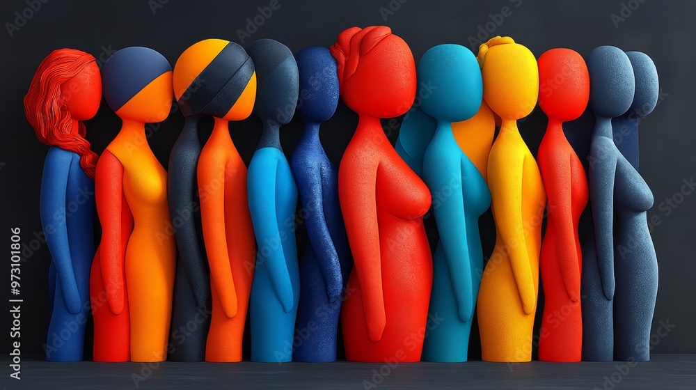 Poster colorful figurines representing diversity in shape and form, standing in a line against a dark backg