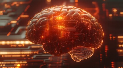 3D digital brain with finely etched circuits and glowing neural patterns, rendered in sharp detail against a light, tech-themed background