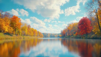 Obraz premium Autumnal landscape with a calm river winding through vibrant fall foliage The golden, red, and orange hues reflect off the water, creating a serene Thanksgiving atmosphere