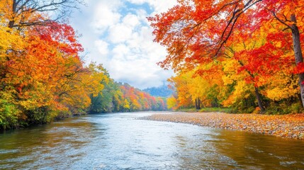 Fototapeta premium Autumnal landscape with a river running through a forest filled with red, orange, and yellow leaves The peaceful, natural setting is perfect for a Thanksgiving day in the outdoors