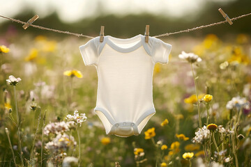 White baby onesie hanging on a clothesline in a blooming wildflower field, summer baby announcement concept