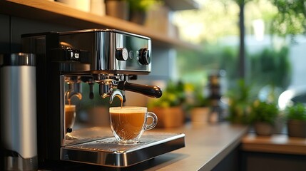 Espresso Machine Pouring Coffee Into A Glass Cup