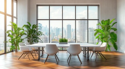 Fototapeta premium Modern conference room with panoramic city views, elegant design, and lush plants, ideal for meetings and collaborations.