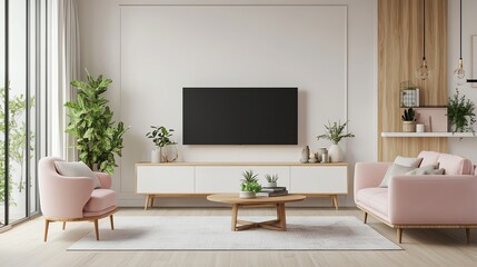 Modern living room design featuring cozy furniture and elegant decor, creating a serene and inviting atmosphere.