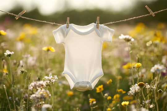 White baby onesie hanging on a clothesline in a blooming wildflower field, summer baby announcement concept