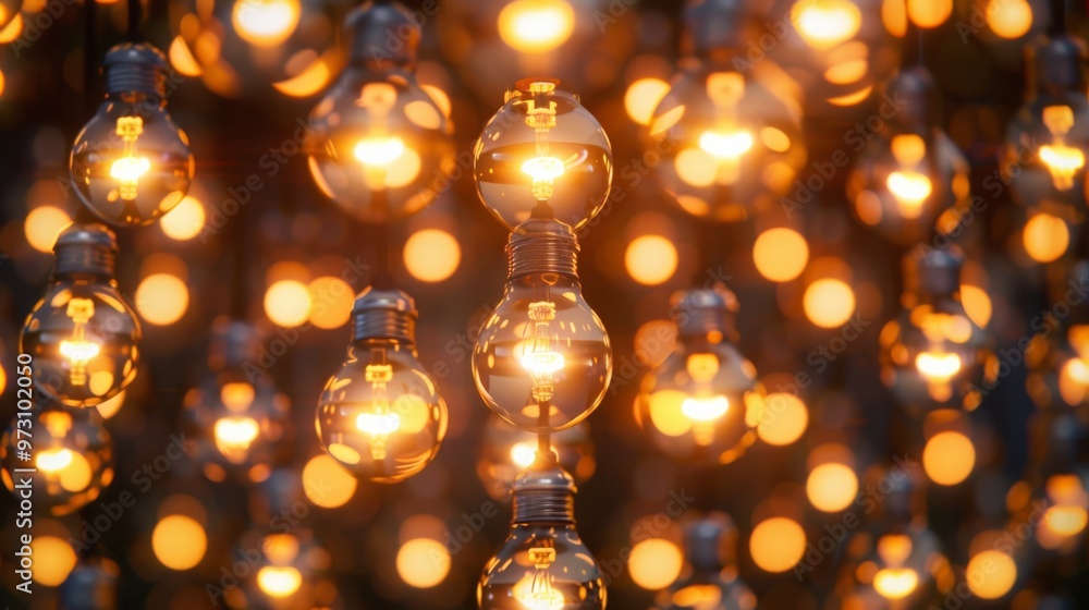 Poster an eye-catching design composed of multiple bright light bulbs, each illuminated to different extent