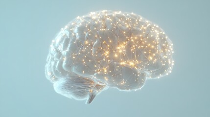A detailed digital brain with complex neural pathways illuminated by soft light, floating against a clean white backdrop