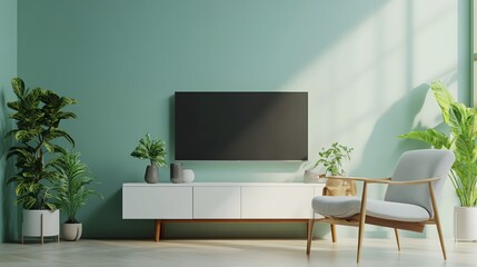 Modern living room with green wall, stylish TV unit, comfy chair, and houseplants for a serene and inviting atmosphere.
